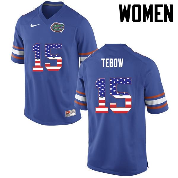 NCAA Florida Gators Tim Tebow Women's #15 USA Flag Fashion Nike Blue Stitched Authentic College Football Jersey PCM3264BA